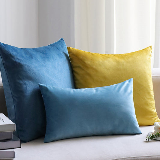 Well mixed colors of two blues and one yellow Pack of 3 velvet throw pillow covers and inserts included 3 sizes of 1 of 20"x20", 1 of 18"x18"and 1 of 12"x20", 20x20 inch.
