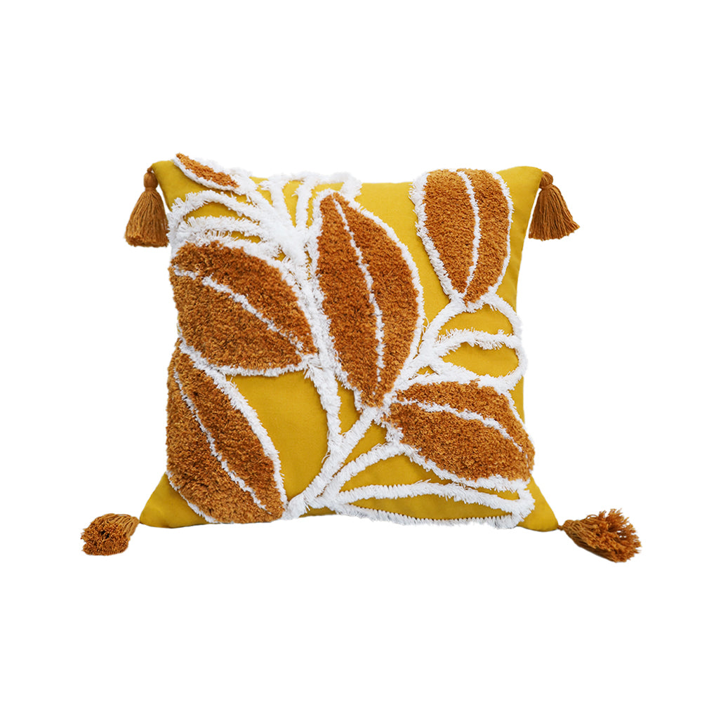 Tufted Leaf Decorative Throw Pillow with Tassels – Textured Cotton Cushion (With or Without Inserts) 18''x18'' set of 2
