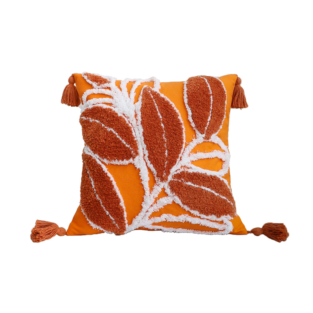 Tufted Leaf Decorative Throw Pillow with Tassels – Textured Cotton Cushion (With or Without Inserts) 18''x18'' set of 2
