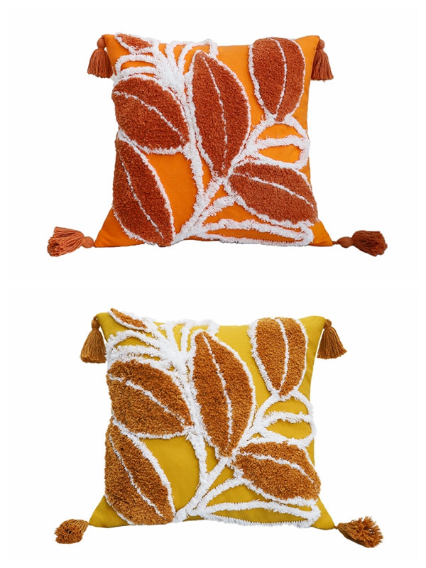 Tufted Leaf Decorative Throw Pillow with Tassels – Textured Cotton Cushion (With or Without Inserts) 18''x18'' set of 2