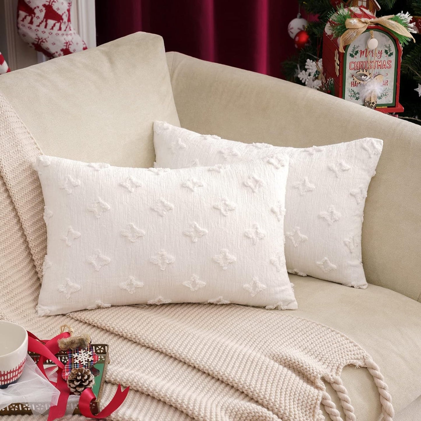 Rectangular Flower Tufted Pillow Daisy flower Lumbar Throw Pillow (With/Without Inserts) 12x20 inches, pack of 2 throw pillows
