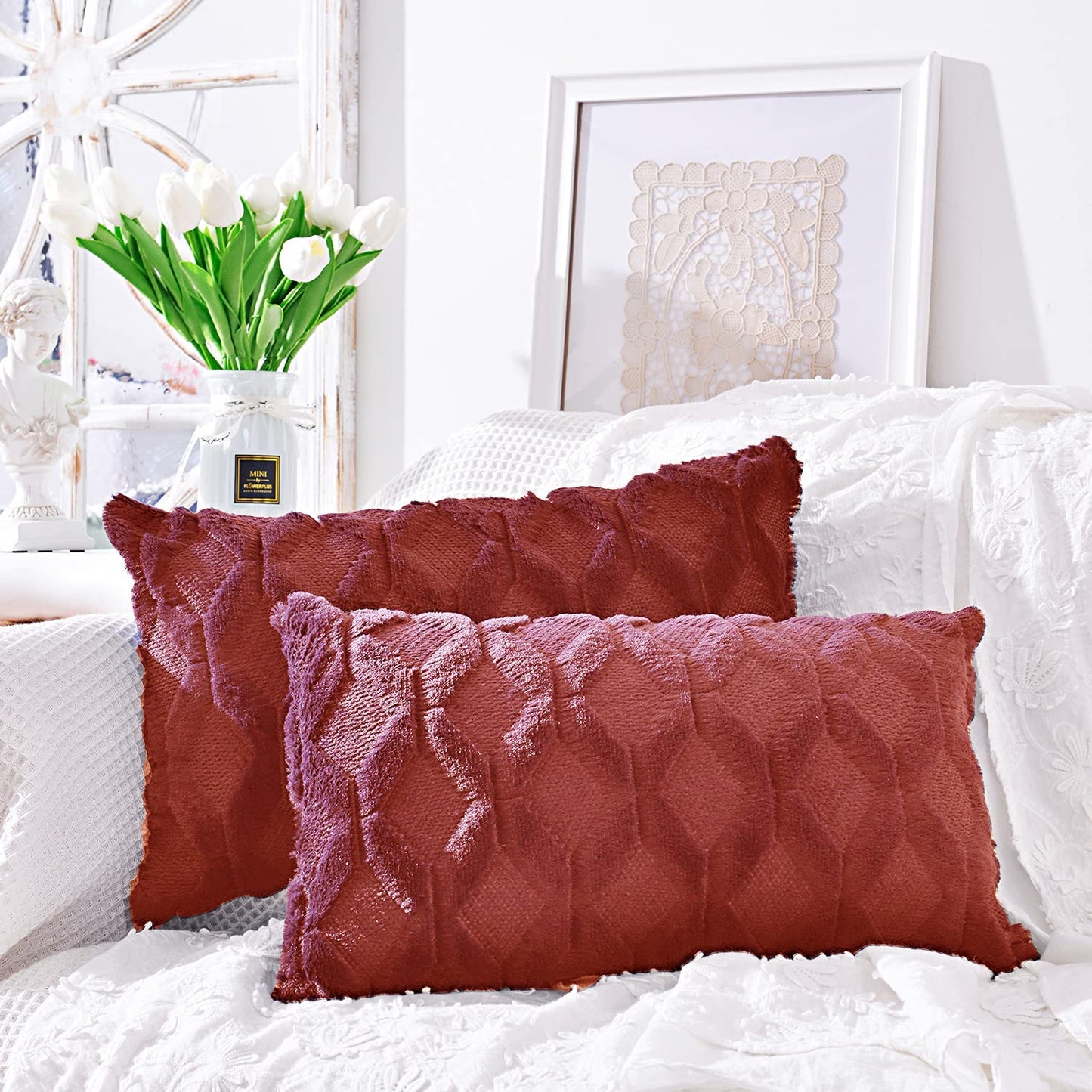 Rectangular Lumbar Plush Throw Pillow Covers, Pack of 2 Luxury Soft Pillowcases, Solid Colors,12x20 inches pack of 2 throw pillows covers