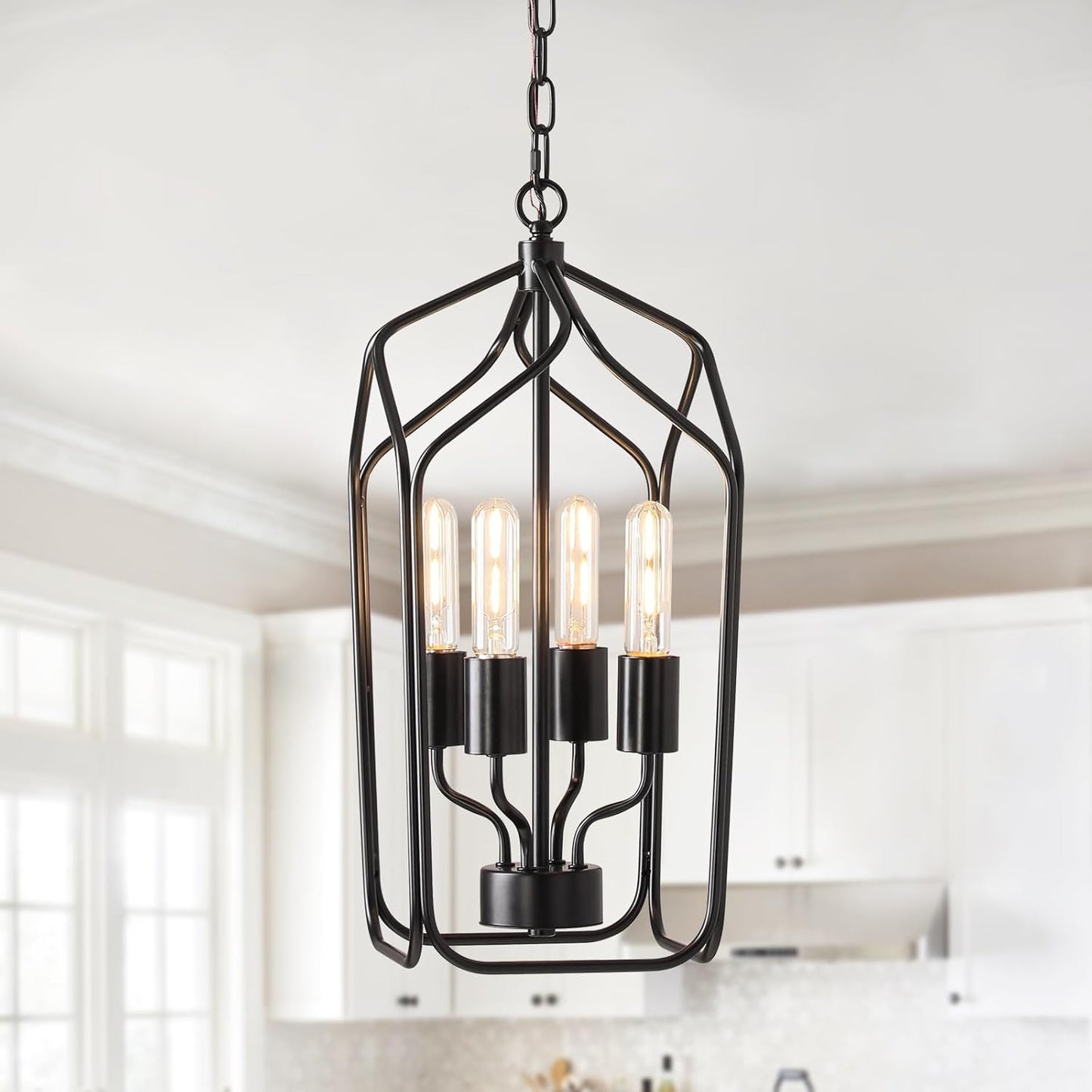[PL-04BK-US light] 4-light black/brushed nickel lantern pendant light farmhouse square cage hanging light fixture with adjustable chain