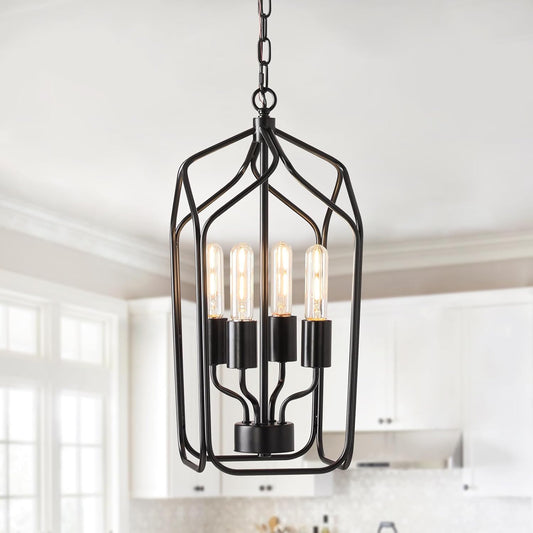 [PL-04BK-US light] 4-light black/brushed nickel lantern pendant light farmhouse square cage hanging light fixture with adjustable chain