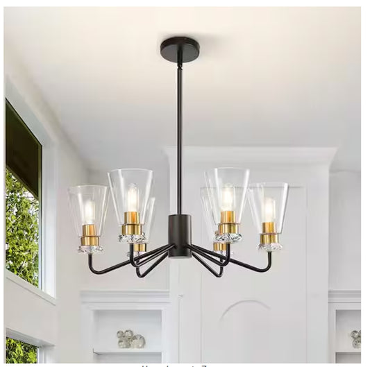 [8029PL-06BK] 6-light black and gold chandelier with glass shade height adjustable chandeliers for dining room living room
