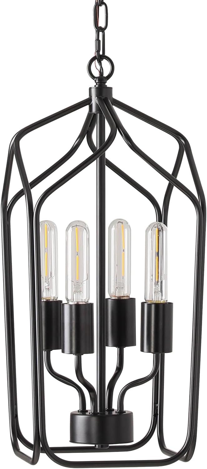 [PL-04BK-US light] 4-light black/brushed nickel lantern pendant light farmhouse square cage hanging light fixture with adjustable chain