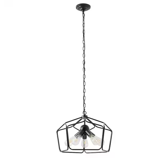 [PL-05BK-US light] 5-light black/brushed nickel lantern pendant light farmhouse square cage hanging light fixtures with adjustable chain