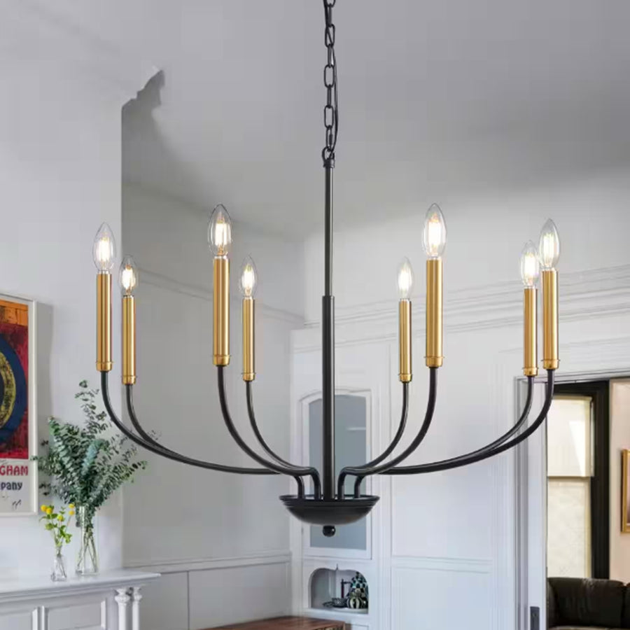 [8035PL-08BK-US] modern farmhouse 8-light traditional chandelier black and gold candle style chandelier for living room, kitchen island