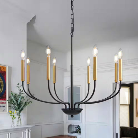 [8035PL-08BK-US] modern farmhouse 8-light traditional chandelier black and gold candle style chandelier for living room, kitchen island