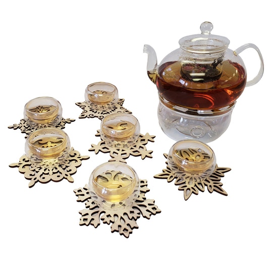 [TEA set#5] tea pot with warmer and cups+ snow flask coasters (tea set#5)