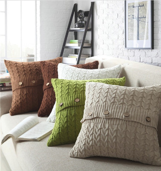 18"x18" Cable Knit Sweater-Style Throw Pillow | Wooden Button Accents | 5 Color Options + Insert Sizes