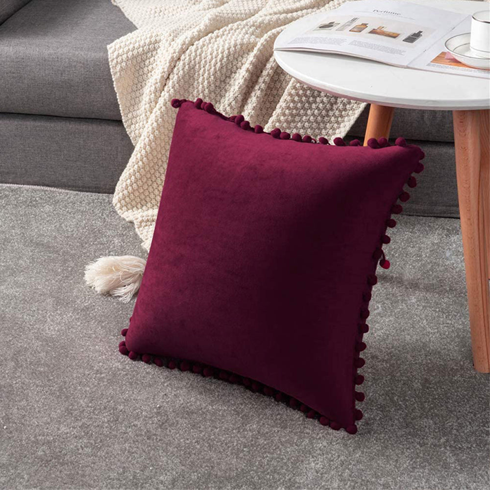 [IN-1X162-3 D-Green] 18"x18" Square Velvet Pompoms Throw Pillow FULL cover and insert set